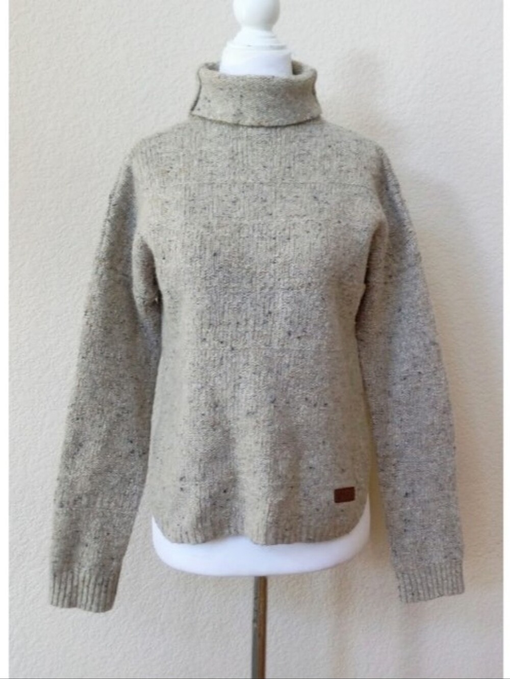 Sherpa wool blend roll-neck turtleneck neutral color flecked taupe sweater